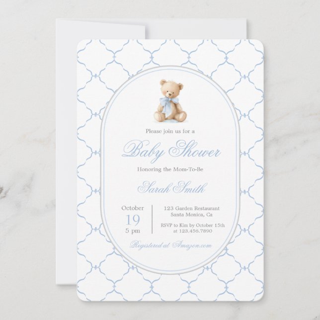 Invitación Grandmillennial Bear Baby Shower Boy (Anverso)