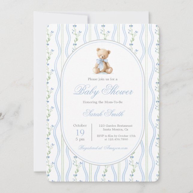 Invitación Grandmillennial Bear Baby Shower Boy (Anverso)
