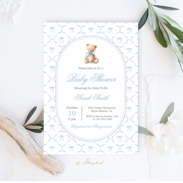 Invitación Grandmillennial Bow Baby Shower Boy (Subido por el creador)