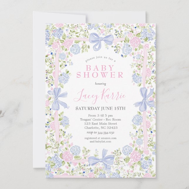 Invitación Grandmillennial Pink and Blue baby shower invite (Anverso)