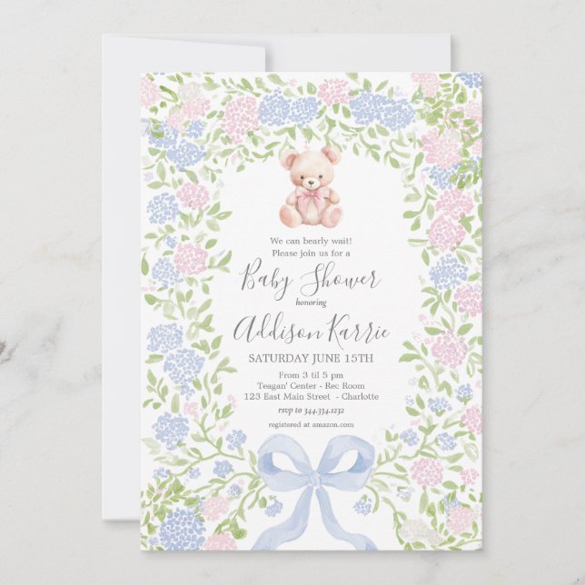 Invitación Grandmillennial pink  Bear baby shower invite (Anverso)