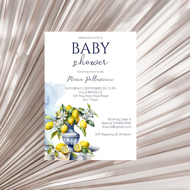Invitación Granero azul italiano amalfitano limones bebé duch (Amalfi Italian blue vase lemons summer baby shower Invitation editable template instant download )
