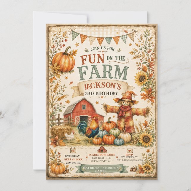 Invitación Granero de la granja Espantapájaros Otoño Caída Ni (Anverso)