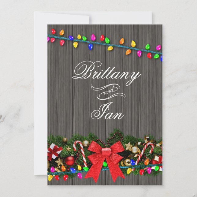 Invitación Granero de Luces de Navidad de Madera para Boda |  (Anverso)