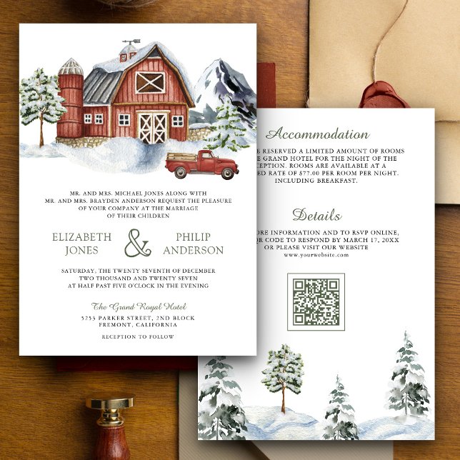 Invitación Granero Rojo Nevado Invierno Navidad Código QR Bod (Subido por el creador)