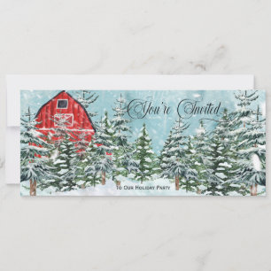 Invitación Granero rojo vintage, pinos, Fiesta de Navidades d