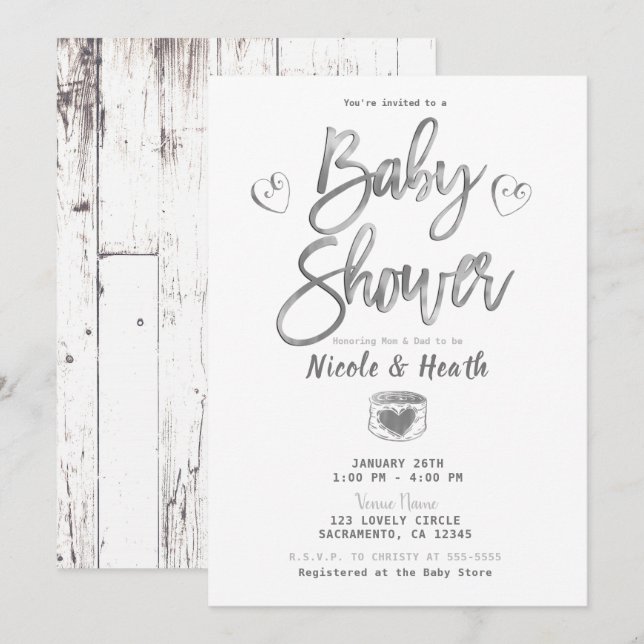 Invitación Granero rústico de madera blanca Plata Baby Shower (Anverso / Reverso)