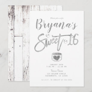Invitación Granero rústico de madera blanca Plata Dulces 16 f