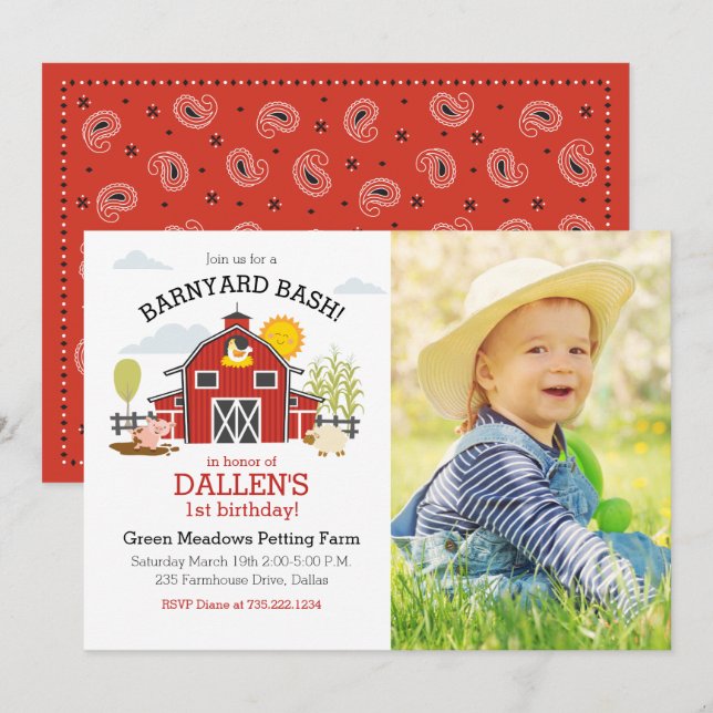 Invitación Granja Animal 1ª foto de cumpleaños (Anverso / Reverso)