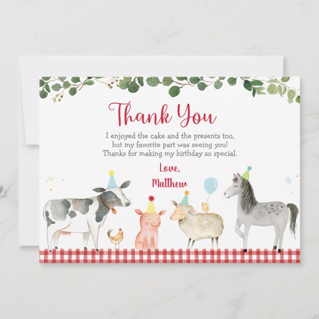 Invitación Granja Animal Barnyard Green Birthday Gracias (Anverso)