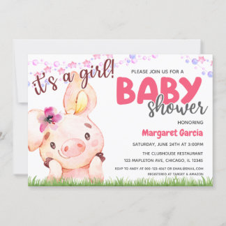 Invitación Granja animal Cerdo bebé Niña Cerdo Baby Shower