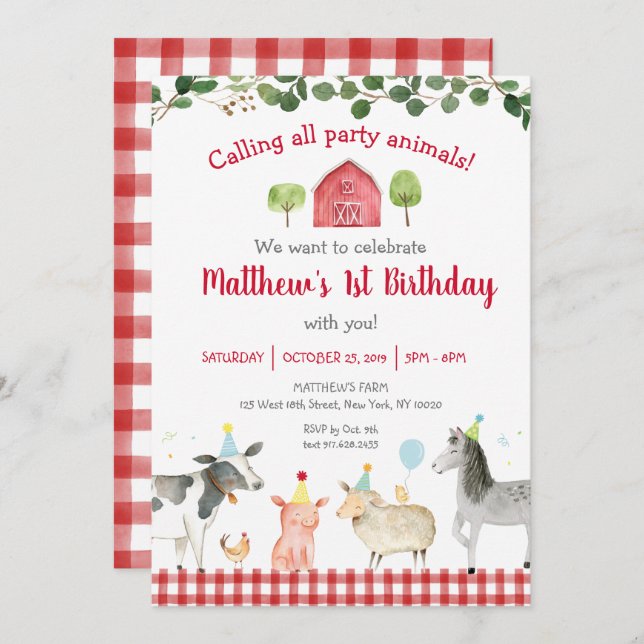 Invitación Granja Animal Greenery 1er cumpleaños (Anverso / Reverso)
