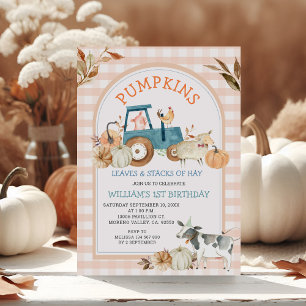 Invitación Granja Animal Naranja Gingham Fall Pumpkins Cumple