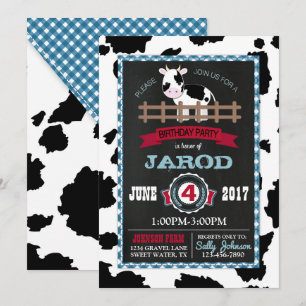 Invitación Granja Animal Piel de vaca Gingham Country Boy Cum