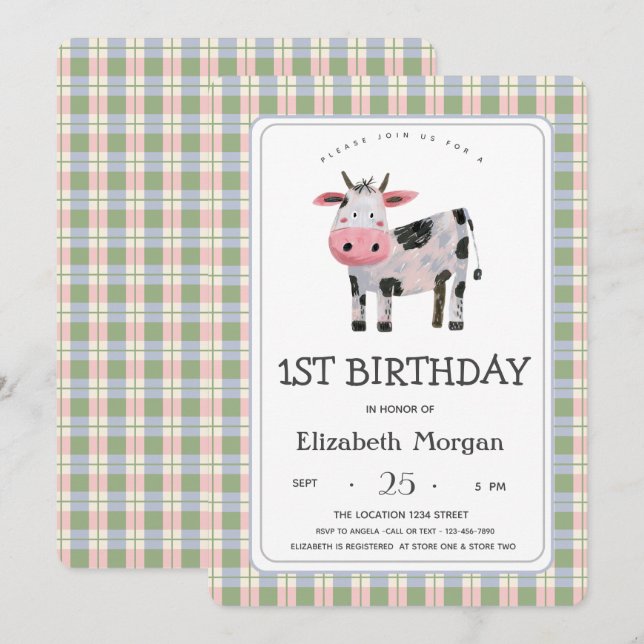Invitación Granja Animal Vaca Gingham (Anverso / Reverso)