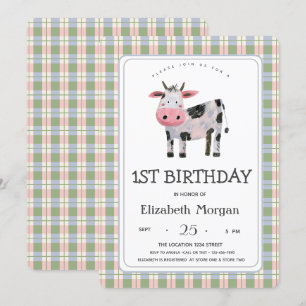 Invitación Granja Animal Vaca Gingham