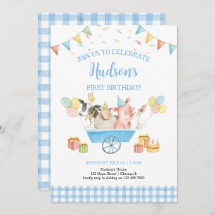 Invitación Granja Animales Azul Gingham Chica Primer Cumpleañ