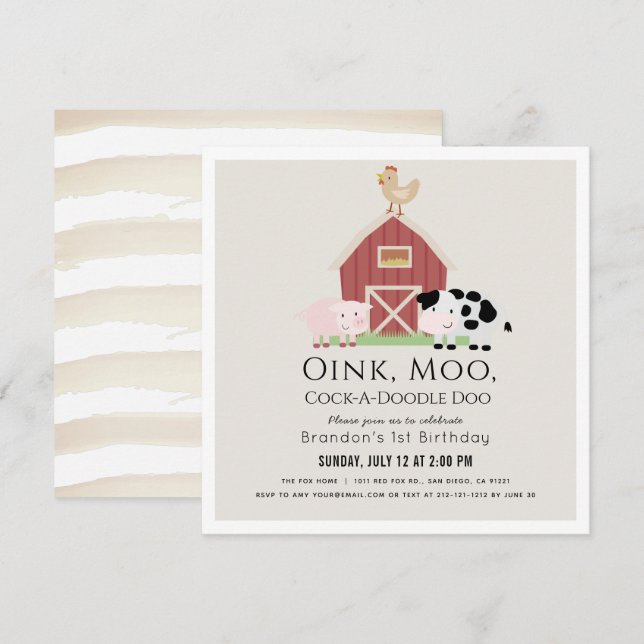 Invitación Granja Animales Barnyard Beige 1er cumpleaños Plaz (Anverso / Reverso)