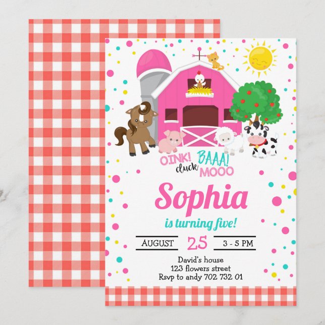 Invitación Granja Animales Barnyard Chica de la bandeja rosa  (Anverso / Reverso)