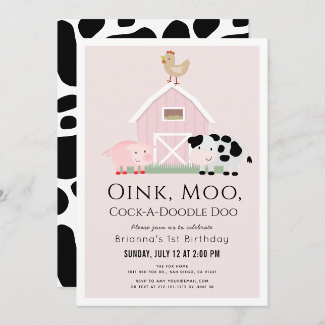 Invitación Granja Animales Barnyard Chica Rosa Primer cumplea (Anverso / Reverso)