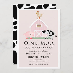 Invitación Granja Animales Barnyard Chica Rosa Primer cumplea