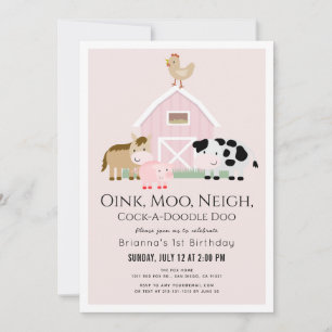 Invitación Granja Animales Barnyard Chica Rosa Primer cumplea