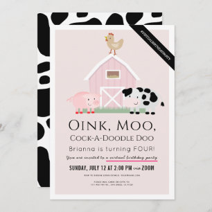 Invitación Granja Animales Barnyard Chica rosa virtual Cumple