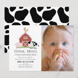 Invitación Granja Animales Barnyard Foto blanca Primer cumple