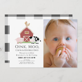 Invitación Granja Animales Barnyard Foto Blanca Primer Cumple