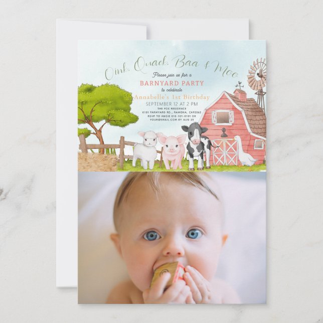 Invitación Granja Animales Barnyard Foto Primer cumpleaños (Anverso)