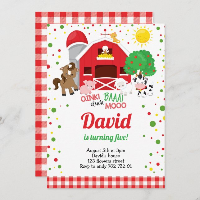 Invitación Granja Animales Barnyard Plaid Boy Cumpleaños (Anverso / Reverso)