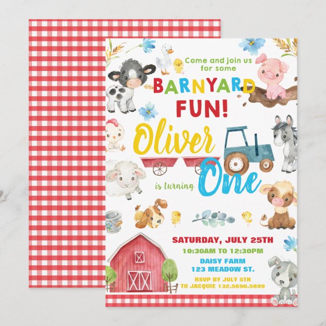 Invitación Granja Animales Barnyard Primer Cumpleaños Girando (Anverso / Reverso)