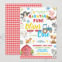 Invitación Granja Animales Barnyard Primer Cumpleaños Girando