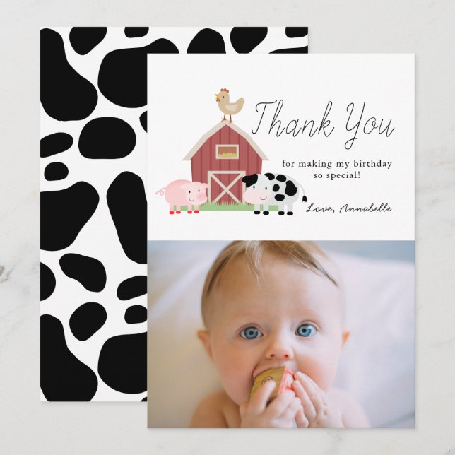 Invitación Granja Animales Barnyard White Birthday Gracias (Anverso / Reverso)