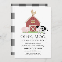 Invitación Granja Animales Barnyard White Gingham Primer Cump