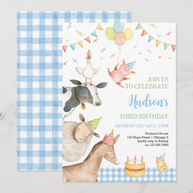 Invitación Granja Animales Blue Barnyard Chica Boy 3 cumpleañ (Anverso / Reverso)