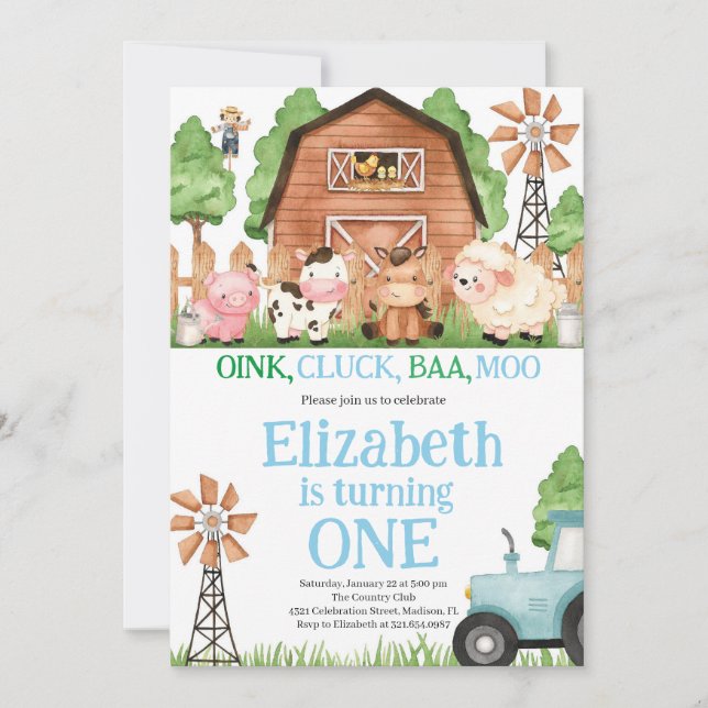 Invitación Granja Animales Blue Boy Barnyard Fiesta de cumple (Anverso)