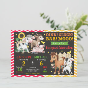 Invitación Granja Animales Corral Fiesta Conjunta de Cumpleañ