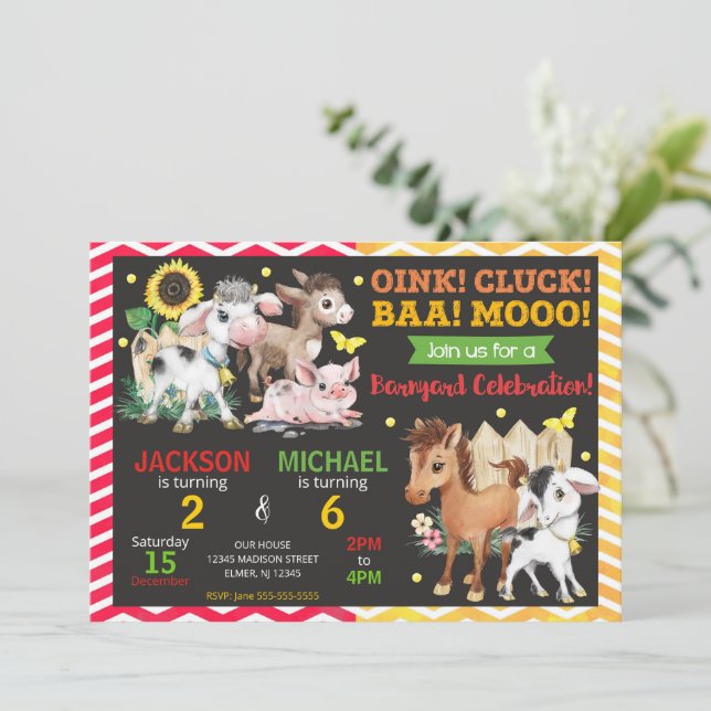 Invitación Granja Animales Corral Fiesta Conjunta de Cumpleañ (Anverso de pie)