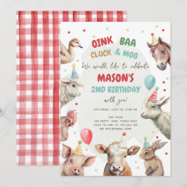 Invitación Granja Animales Niño Red Gingham Barnyard Birthday