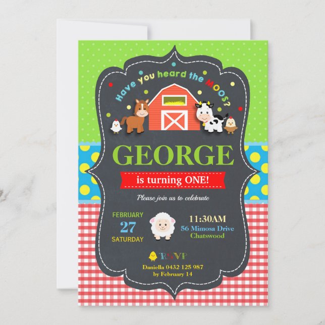 Invitación Granja Animales Primer cumpleaños Fiesta Boy Barny (Anverso)