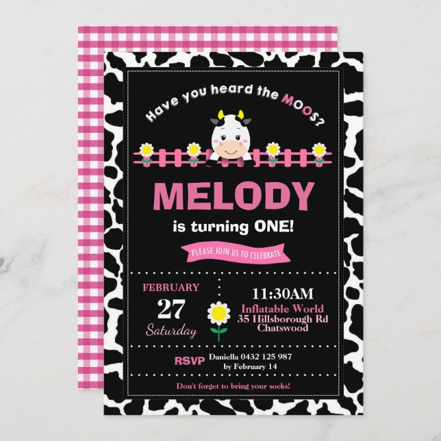 Invitación Granja Animales Primer Fiesta Chica Barnyard Pink (Anverso / Reverso)