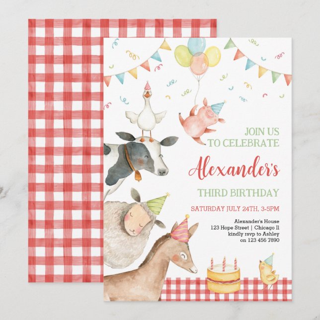 Invitación Granja Animales Red Barnyard Chica Boy 3 cumpleaño (Anverso / Reverso)