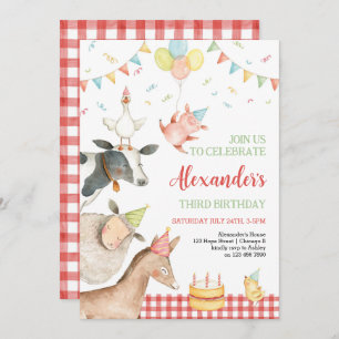 Invitación Granja Animales Red Barnyard Chica Boy 3 cumpleaño