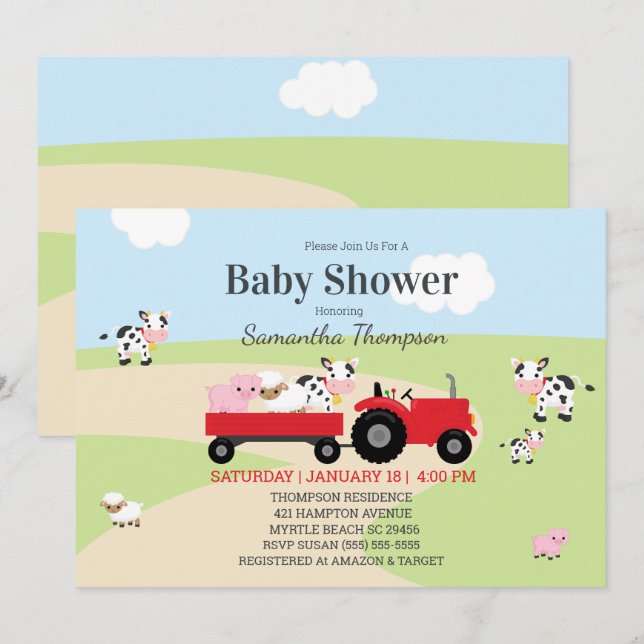 Invitación Granja Animales Red Tractor Boys Baby Shower (Anverso / Reverso)