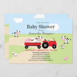 Invitación Granja Animales Red Tractor Boys Baby Shower