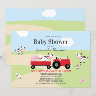 Invitación Granja Animales Red Tractor Boys Baby Shower