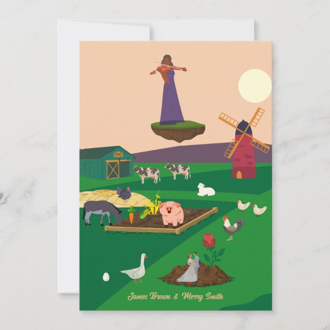 Invitación Granja Animales Rosa de violín Boda de oca (Anverso)