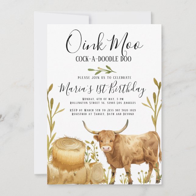 Invitación Granja Animales Vaca Hay Bale País Cumpleaños (Anverso)