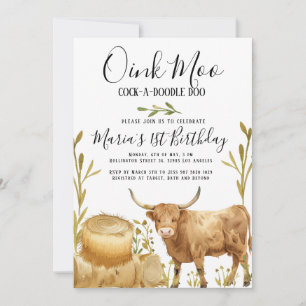 Invitación Granja Animales Vaca Hay Bale País Cumpleaños